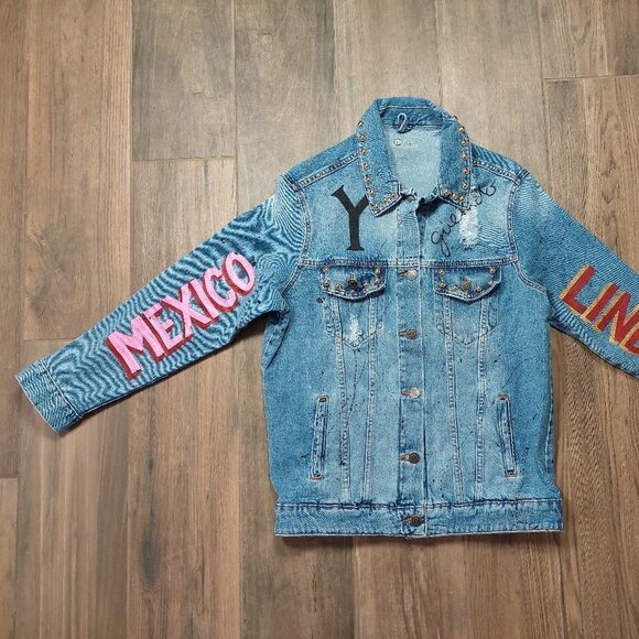 Denim Jean Jacket Mexico Lindo Y Querido Hand Painted Distressed Studs $229 - Picture 3 of 12